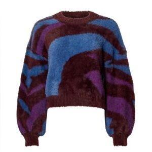 Louna Fuzzy Sweater Crewneck Long Sleeve Brown Blue Abstract Print Size XS
